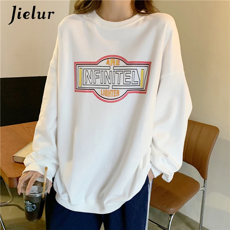 

Jielur Fleece Black White Hoodies Female Pullover Letter Print Sweatshirt Women Loose Casual Warm Hoody 2021 Winter Fashion M-XL