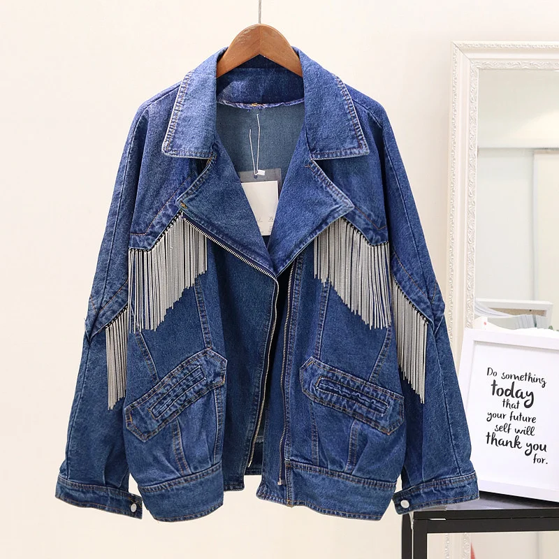 

Fashion Heavy Work Chain Tassel Denim Jacket Women 2021 Spring Autumn Oversized Loose Locomotive Jeans Jackets Coats Streetwear
