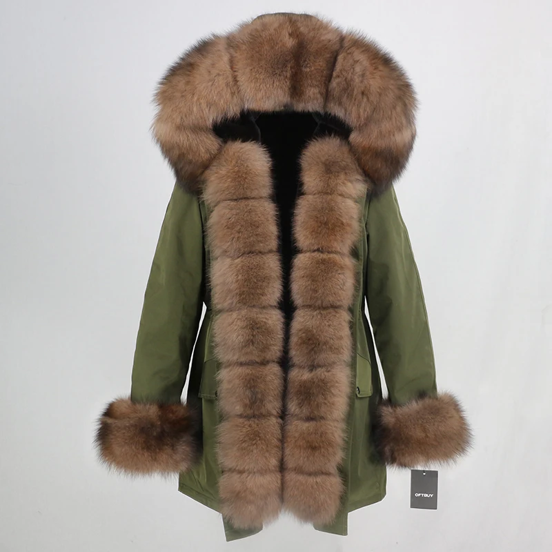 green brown OFTBUY, водонепроницаемая длинная парка, зимняя куртка, для женщин, натуральный мех, пальто, натуральный Лисий мех, воротник, капюшон, толстая, теплая, уличная, съемная, Новинка - Цвет: green brown