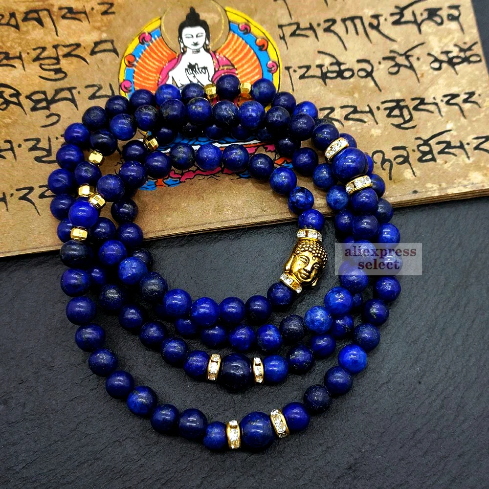 

5A Buddhist 108 Mala Lapis Lazuli Beads Bracelet or Necklace Wholesale Elastic Multi Strand Buddha Charm Prayer Bracelet