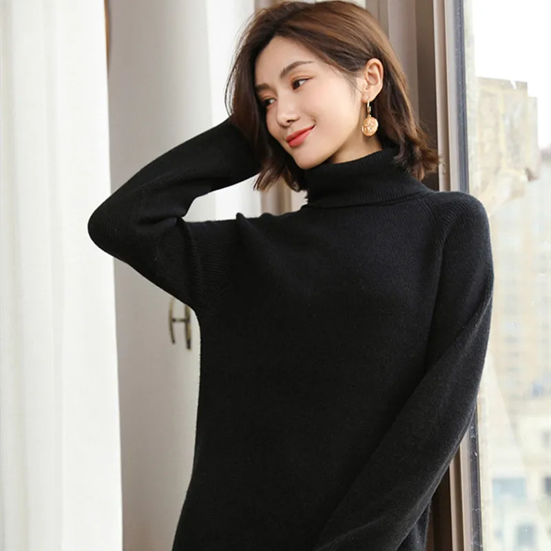 

BARESKIY2019 Autumn Winter Women's Turtleneck Sweater Dress Solid Color Women's Long Dress Sweater Long Sleeve Robe Knit Dress