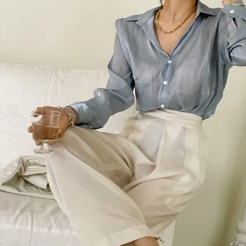 

Women's Korean Style Thin Blouses Solid Single Breasted Women Chiffon Shirts Office Lady Casual Clothing Autumn Spring