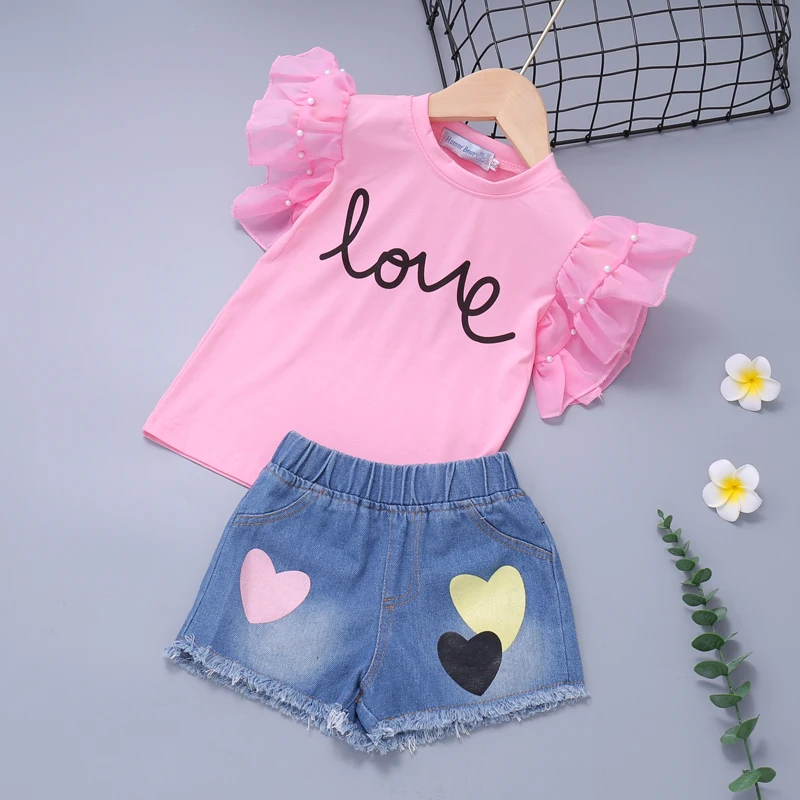 

Summer New Suit Kids Clothes Children Clothes Girl Clothing Costume For Girls Top+Denim Short 2Pcs Suit For Girls