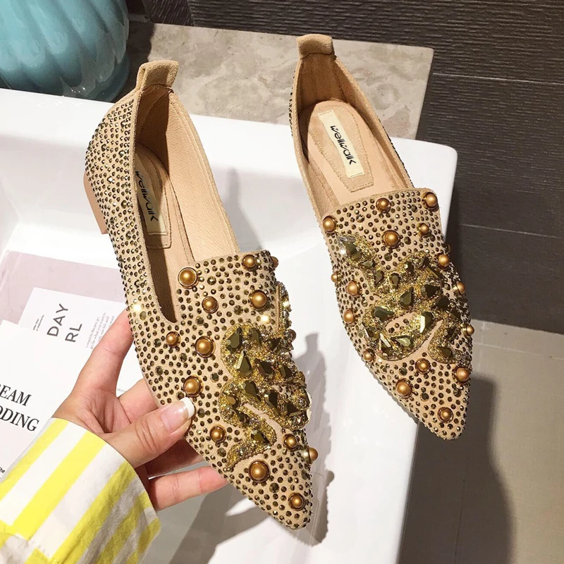 Женская обувь Лоферы на плоской подошве Балетки с острым носком Стразы Жемчуг