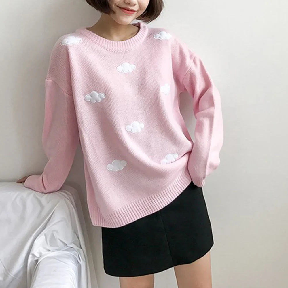 Women's Clothing Cute Kawaii Thick Loose Clouds Embroidery Sweater Lady Harajuku Ulzzang Sweaters For Women Knitted | Женская одежда