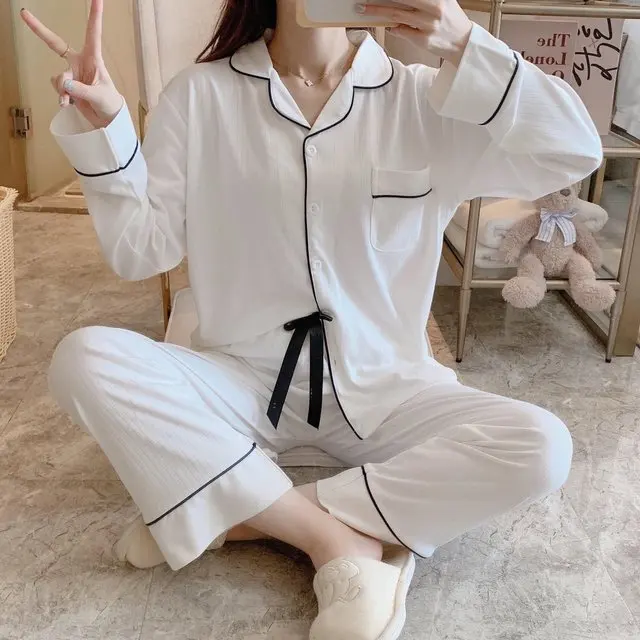 Simple Cardigan Women's Pajamas Set Pure Color Casual Female Pajamas Winter Thick Warm Nightwear Cotton Women Cute Bow Sleepwear