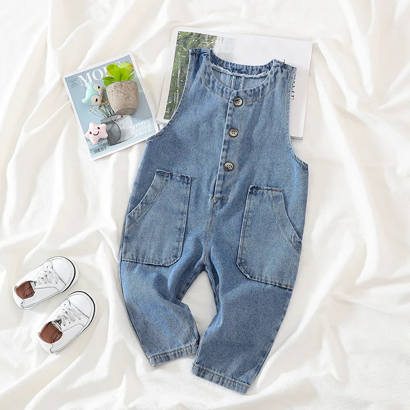 Однотонный джинсовый комбинезон для девочек и мальчиков Детские повседневные