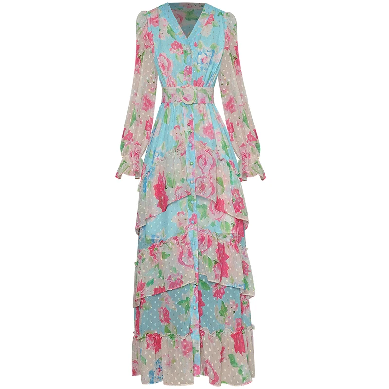 

Long Dress Bohemian Runway Designer High Quality Spring Autumn New Women'S Fashion Party Elegant Chic Print Chiffon Dresses
