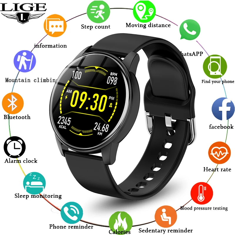 

LIGE New Full Screen Touch Smart Watch Blood Pressure Sleep Monitoring Information Reminder Fitness Watch Bluetooth Smarwatch