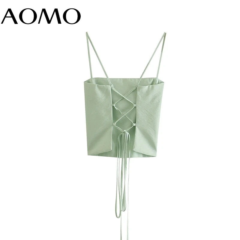 

AOMO Women Green Bralette Camis Crop Top Lace Up Strap Sleeveless Backless Short Shirts Female Casual Solid Tops QD84A