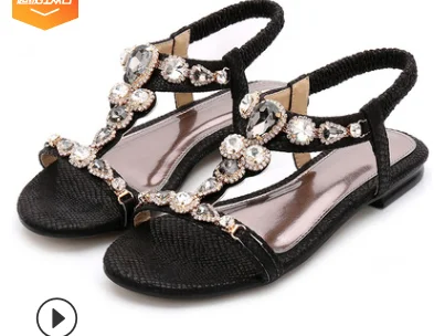 black sandals Женская обувь на плоской подошве; вьетнамки обувь с эластичными лентами; обувь в римском стиле; босоножки для женщин; zapatos mujer; женские сандалии-гладиаторы с украшением в виде кристаллов женские сандалии размера плюс 14 11 черный - Цвет: black sandals