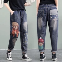 elastic waist jeans spring summer korean retro jeans female cartoon girl patch pocket embroidery distressed harem pants women