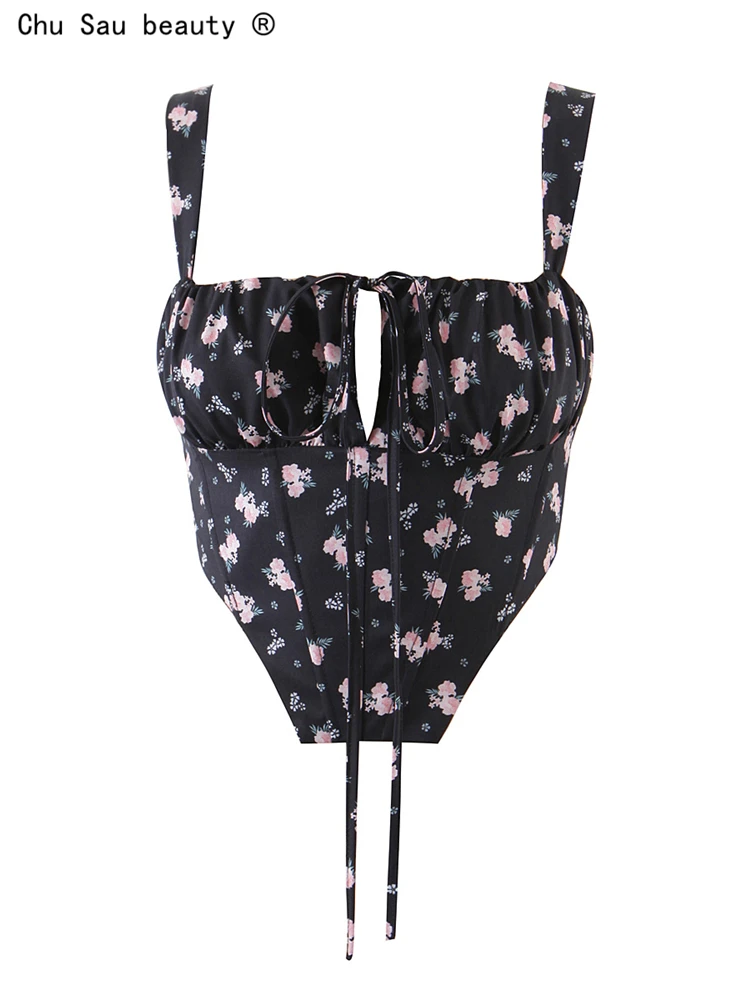 

French Prairie Chic Floral Print Keel Women 2021 New Slim Lace-Up Crop Top Folds Wrap Chest Sexy Halter Camisole Women Zipper
