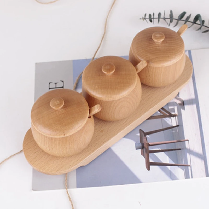 3 шт. деревянная банка для приправ солевые банки горшки специй миски с ложкой и