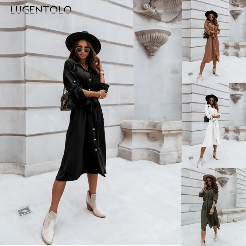 

Lugentolo Women Princess Dress Sexy V-neck Lace Up Solid Color Single-breasted Waist Long Sleeve Dress Lady Casual Fashion Dress