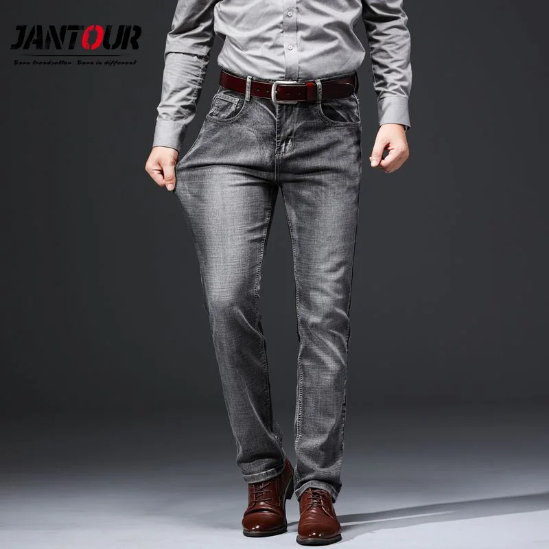 Мужские джинсы стрейч в стиле ретро серые повседневные Прямые джинсовые брюки