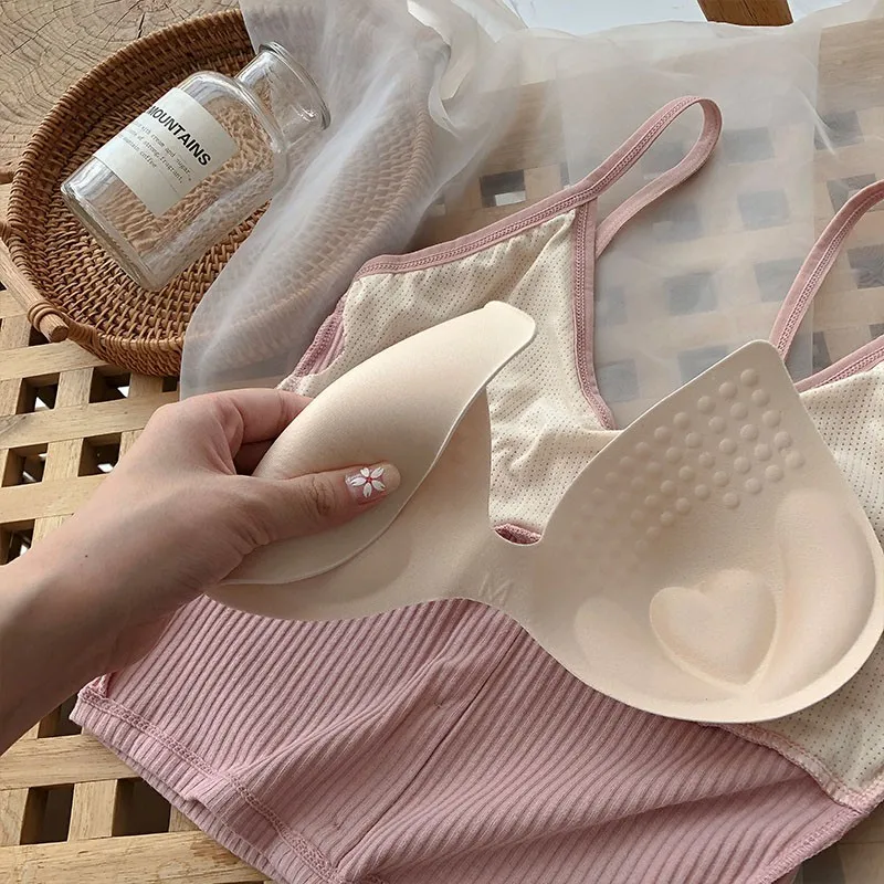 

Vest New Cotton Wild Fashion With Solid Summer Removable Camisole Button Top Women Pad V-neck Color Chest Tank Sling Wild Solid