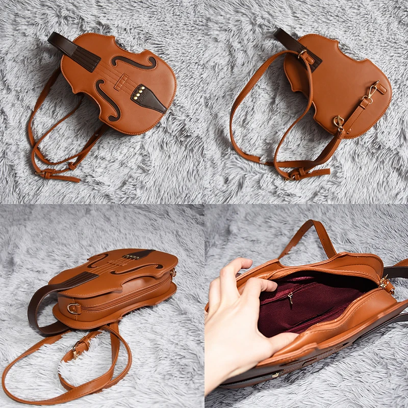 Fun Brown Violin Shape Shoulder Bag for Teenage Girls Fashion Backpack Travel School Bag Multiple Using Women Pouch Pu Leather images - 6