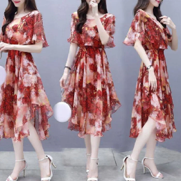 

Makuluya Hot Sales 3XL Chiffon Dresses Plus Size V-Collar Dresses Short Sleeve Summer Dresses Thin Slim Waist Floral Dresses