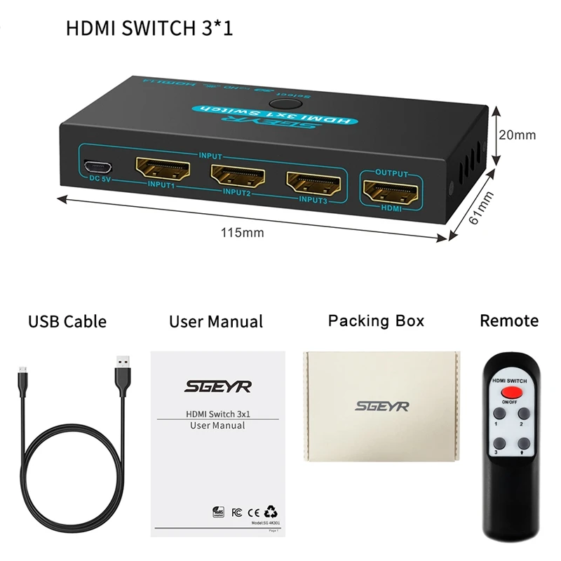 HDMI Switch SGEYR 3 Port Selector Box 1.4 HDCP Support 4K@30Hz Ultra HD 3D 2160P 1080P for PC Laptop PS3 PS4 XBOX | Электроника
