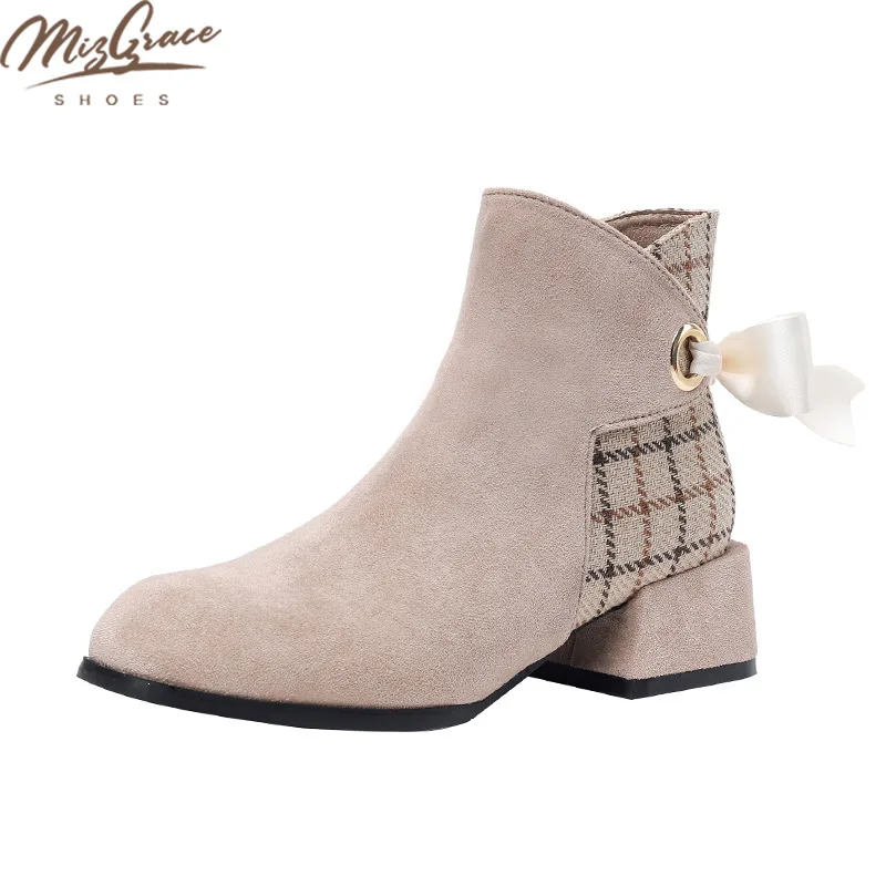 

Gothic Lolita Plaid Bow Ribbon Splicing Faux Suede Women's Chelsea Boots Aesthetic Shoes New Martin Thick Heel Autumn Winter