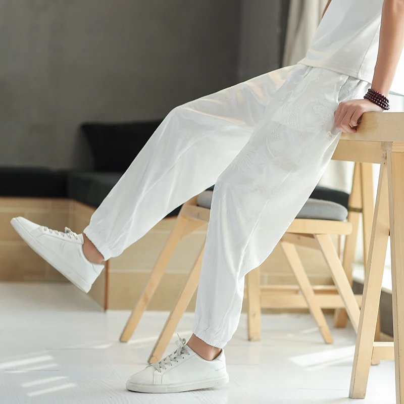 

Мужские брюки размера плюс из ледяного шелка, мода 2020, летние повседневные штаны в китайском стиле, свободные брюки с рисунком дракона, мужс...