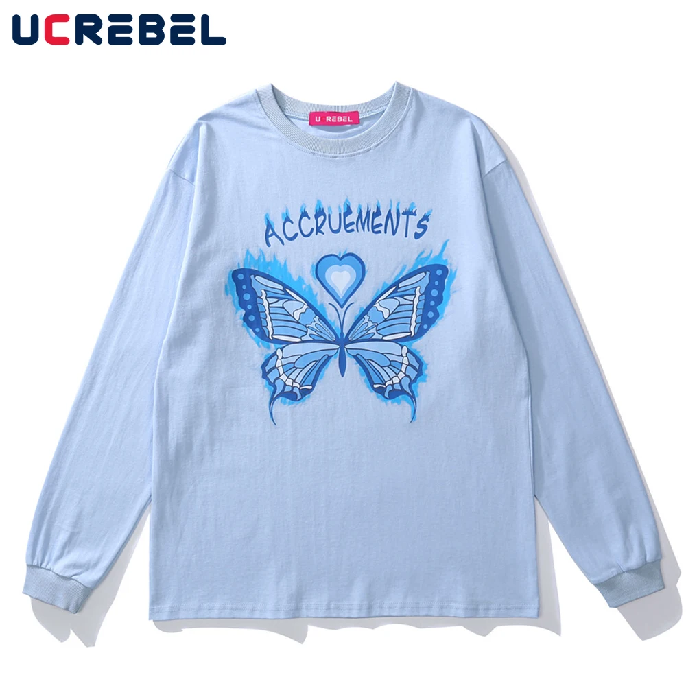 

Butterfly Print Long Sleeve T-shirt Mens Streetwear Crew Neck Cotton TeeHigh Street Autumn Casual Loose T Shirt Men