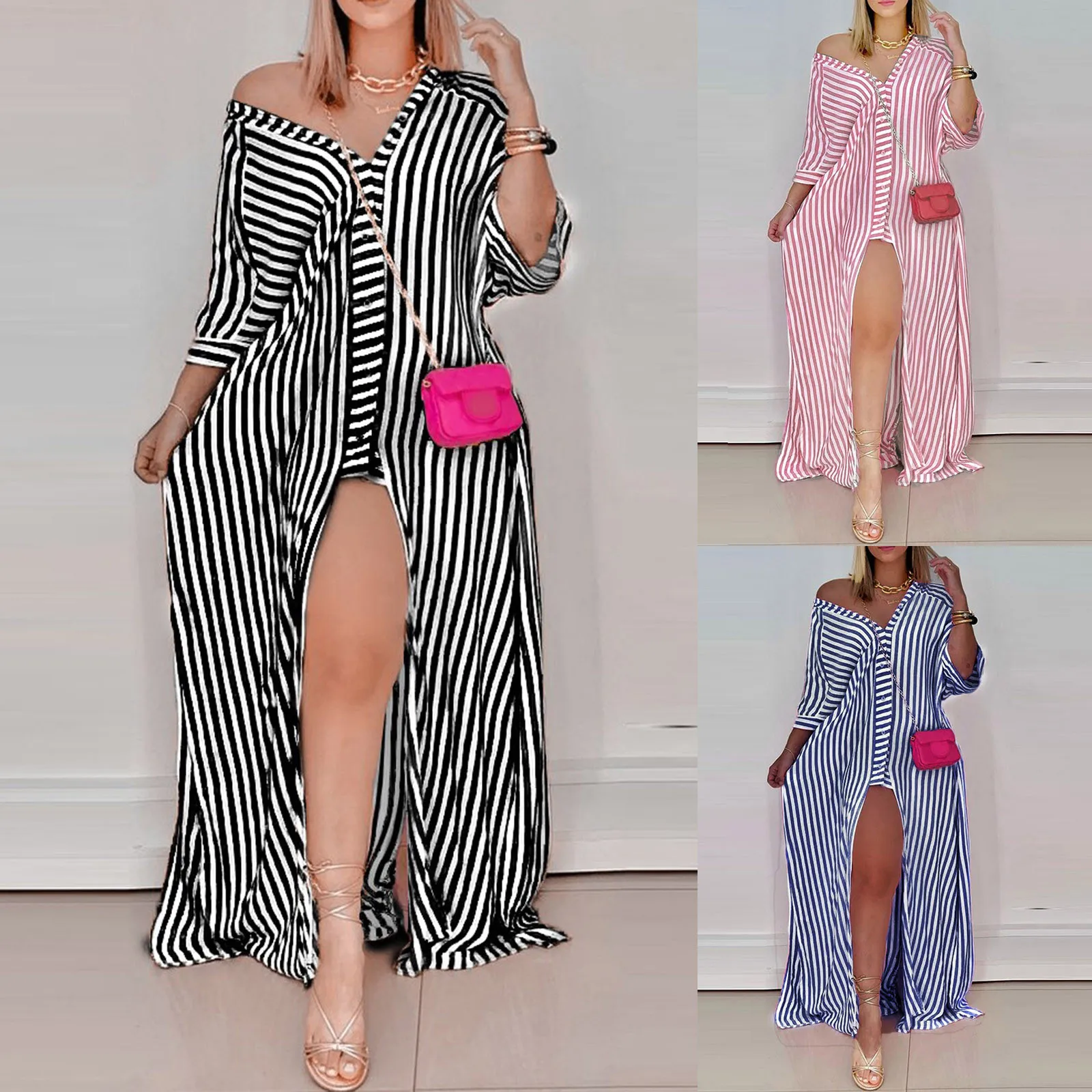 

Women Dress Striped Print Elegant Plus Size Office Lady Dresses V-neck Lacing Slim Body Wrap Hips Shirt Sexy Split Long Dress