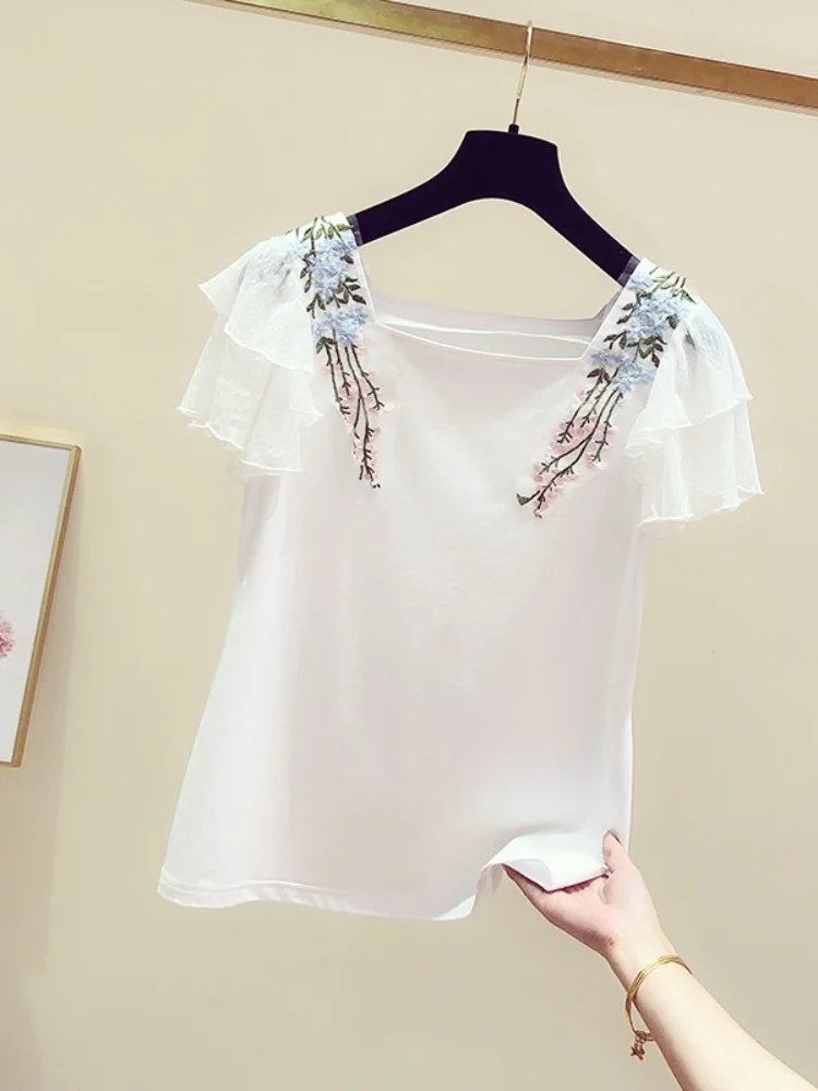 2021 летние новые женские футболки с цветочной вышивкой квадратным воротником