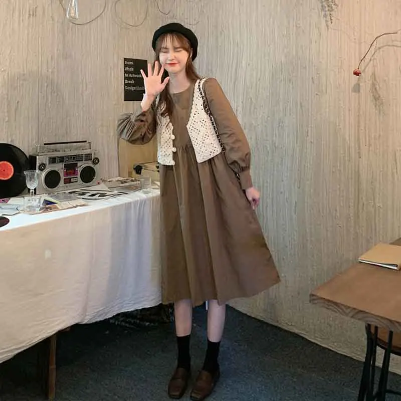 

One-Piece Korean O-neck Long Sleeve Dress Women Pleated Pleated Dress Womens Fashion Sweet Elegant Dress Spring Autumn Dresses