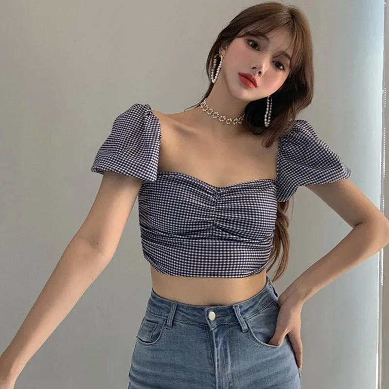 

Jlong Plaid Short T-shirt Women Casual Square Collar Short Sleeve T-shirts Tops