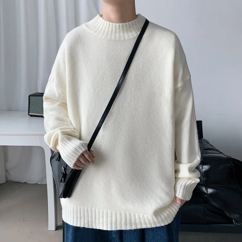

Men 2022 Autumn Winter Fashion Solid Color Knitted Tops Men's Loose Casual Sweater Tops Male Mock Neck Casual Pullovers L03