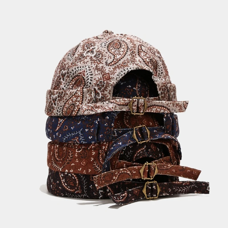 

Vintage Docker Brimless Hat Breathable Beanie with Paisley Decoration Cotton Adjustable Women
