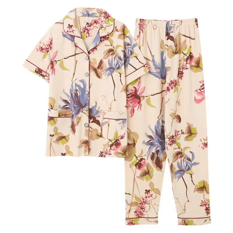 Женская Хлопковая пижама летний кардиган с короткими рукавами и длинные брюки