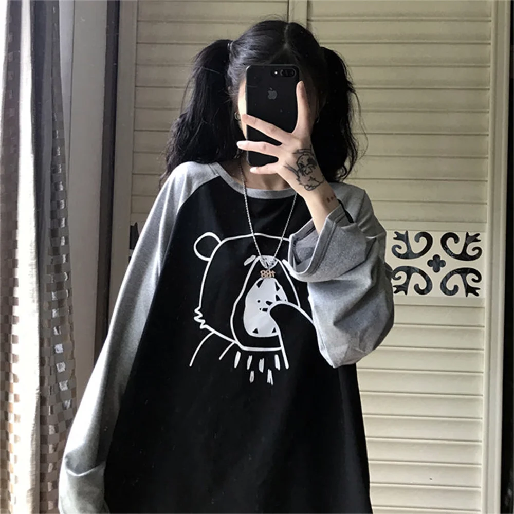 

Kawaii Long-Sleeved Korean Thin Sweater T Shirt Women's Mid-Length Bear Printing Harajuku Style Loose Pullover Student Top