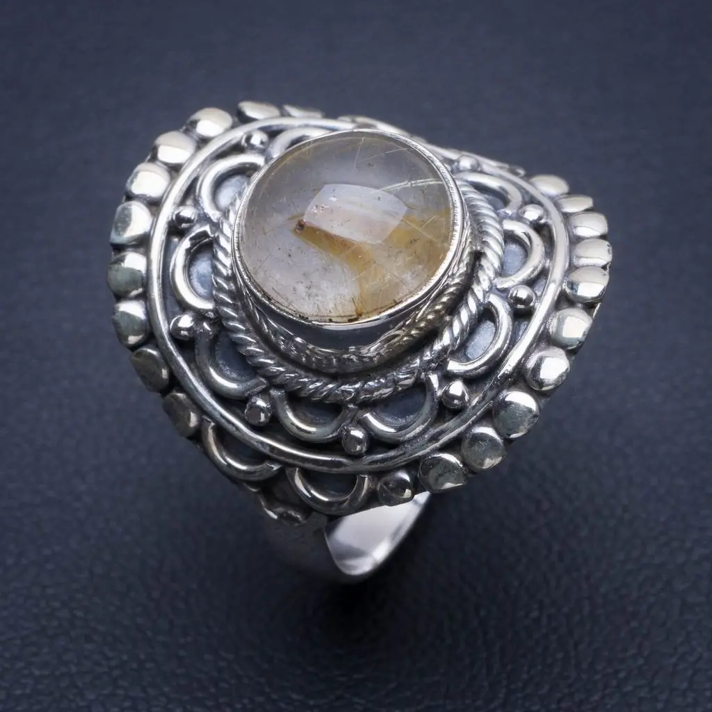 Натуральный Золотой Рутиловый Кварц 925 пробы Серебряное кольцо Размер США 9 Q2244 |