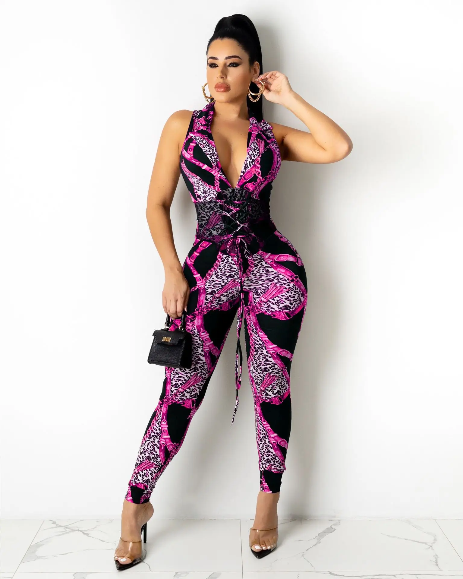 

JRRY Sexy Women Jumpsuits Sleeveless Sashes Chain Pattern Bodysuit High Elasticity Skinny Print Outdoor Wear