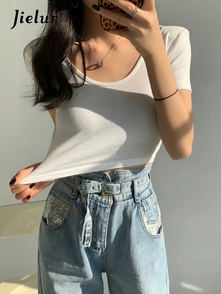 

Jielur модные белые комплект из черной кофты с длинным рукавом для женщин короткий рукав узкие 2021 новые летние однотонные Цвет Топ сужающаяся ...