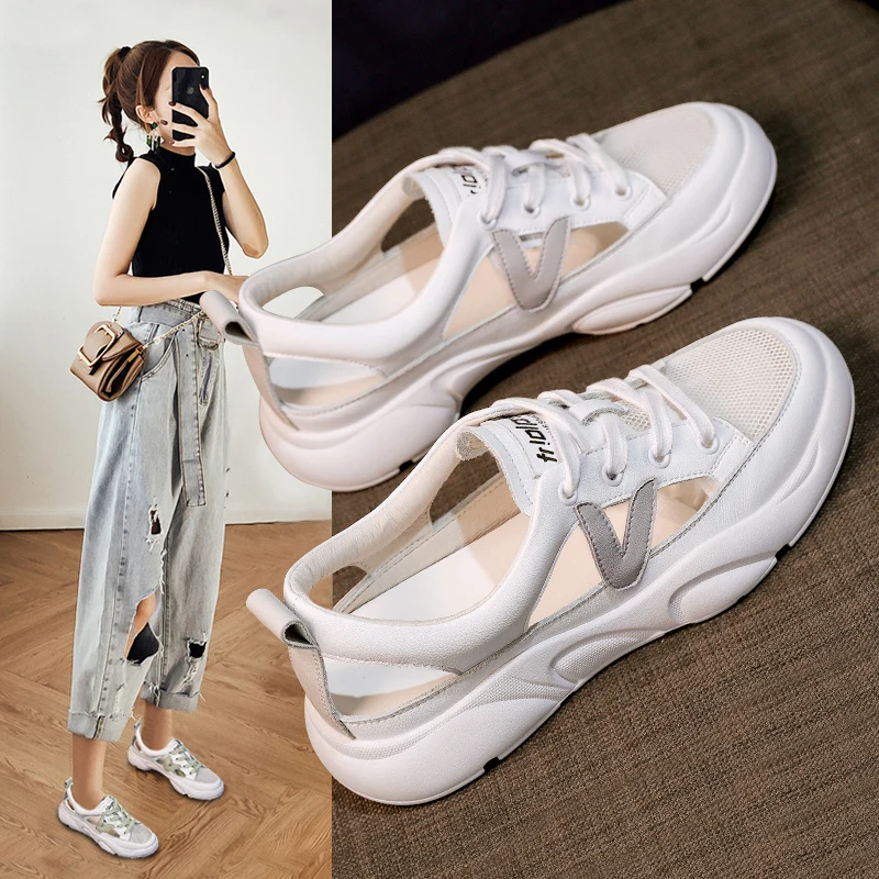 

2021 Comfort Summer Sandals Women Sneakers Mesh Casual Platform Trainers Shoes Flat Heels Shoes Female Cutout Casual Slippers