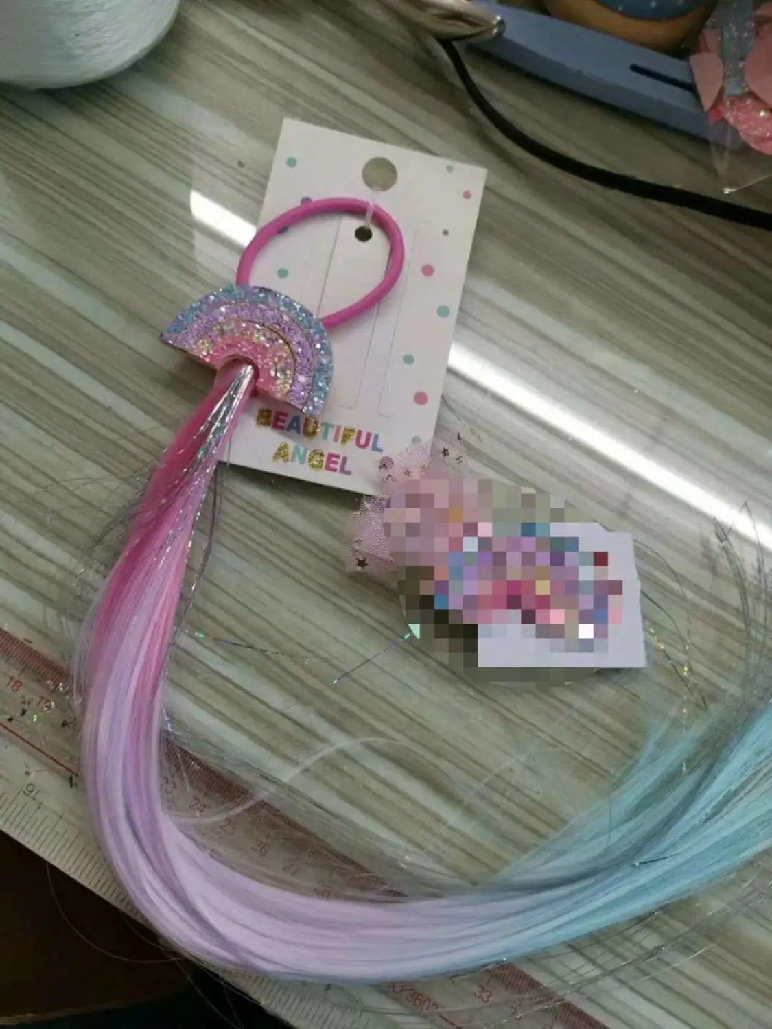 

10pcs hot sale Custom Hair Tie Rainbow Glitter Curly Bow With Wig