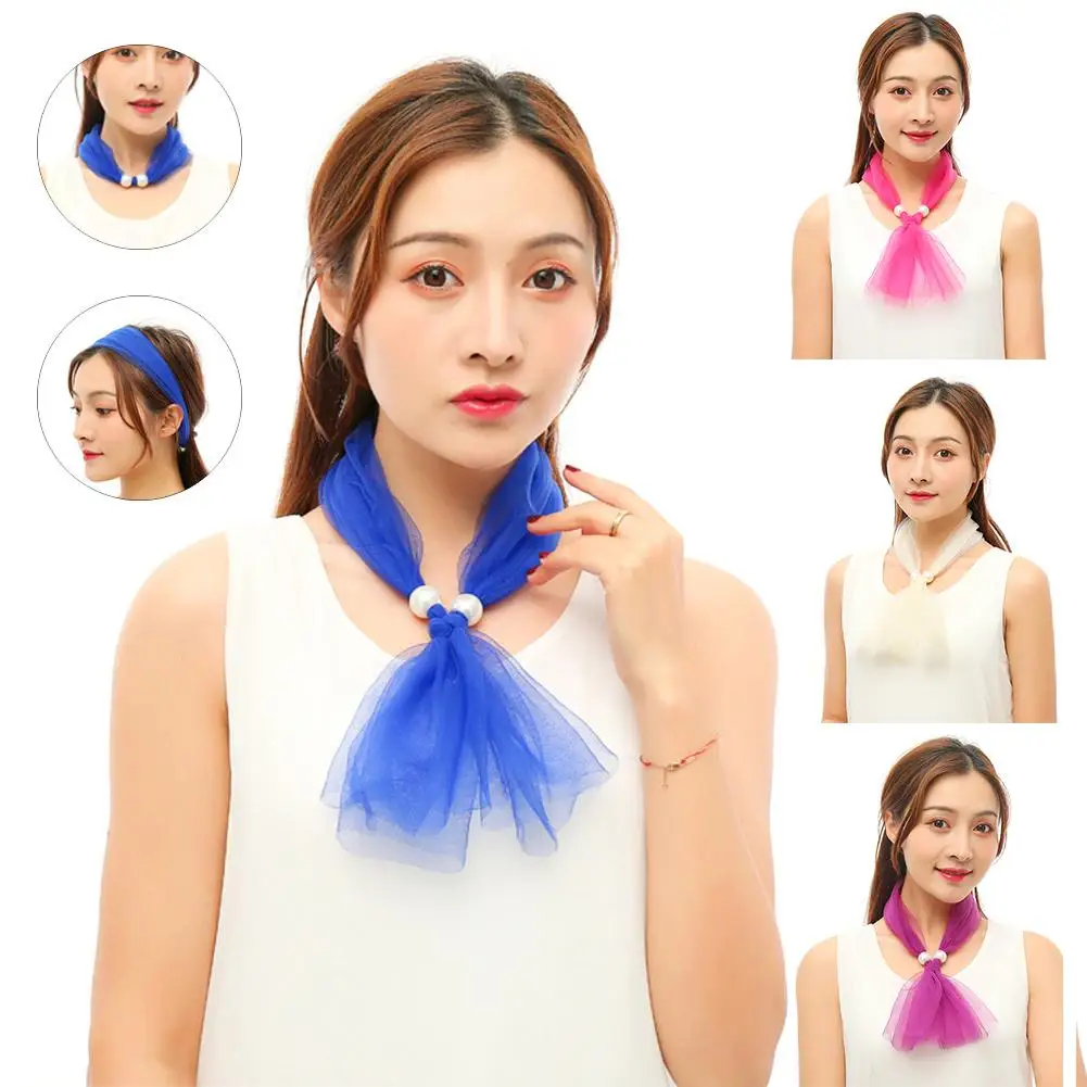 

Fashion Women Faux Pearl Silk Scarf Headband Hair Tie Neck Gaiter Neckerchief Head Kerchief Fashion Girl Hair Scarfs