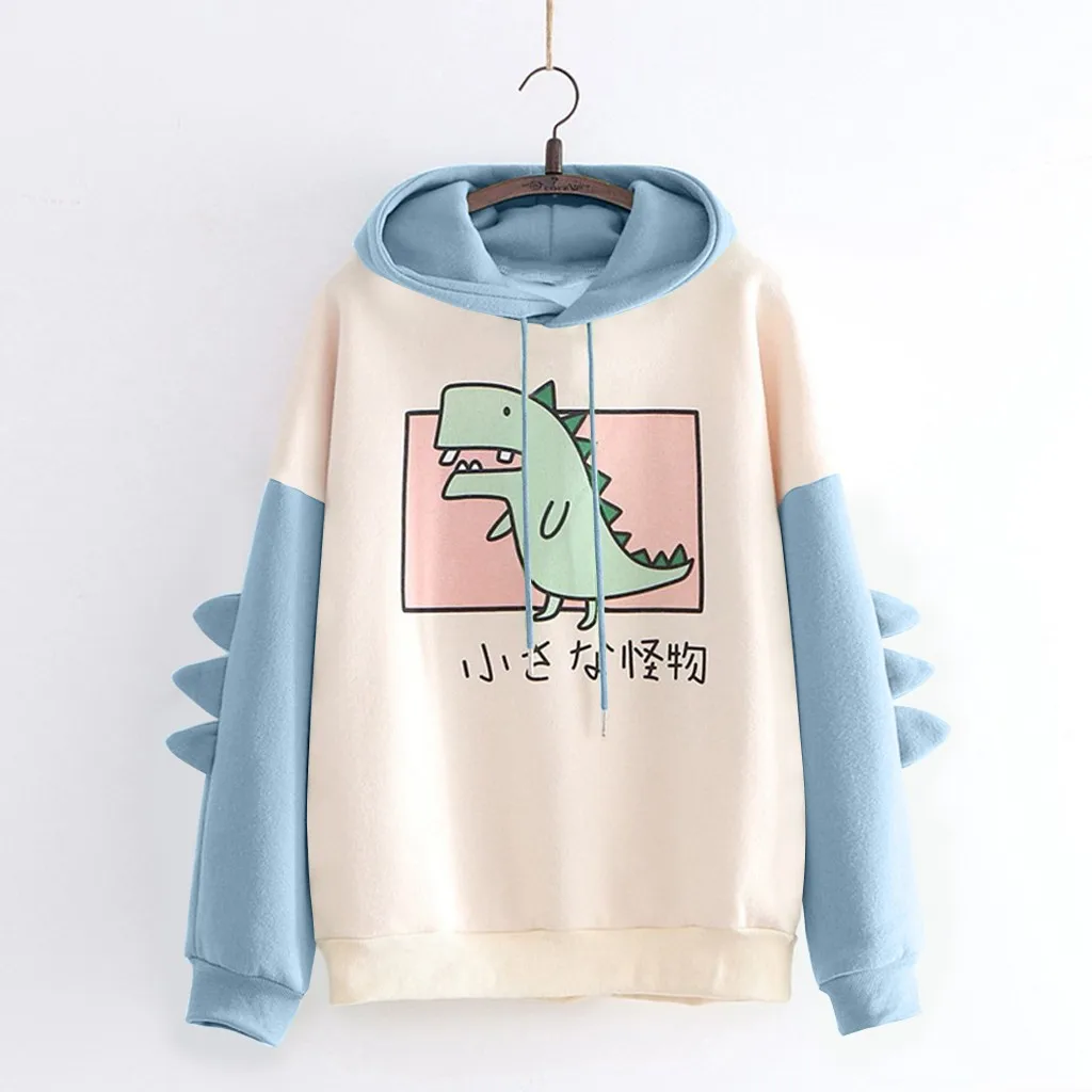 

Fashion Hoodie Sweatshirt Autumn Winter Women Casual Print Long Sleeve Splice Dinosaur Casual Ladies Sweatshirt Tops 2020
