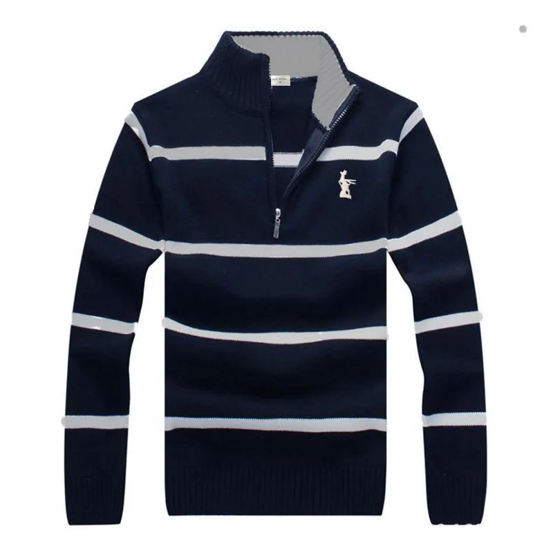Мужской осенне-зимний свитер в полоску из 100% хлопка с высоким воротником