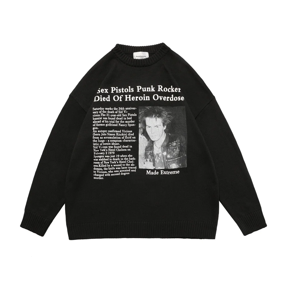 

Harajuku Punk Sweater Men Hip Hop Portrait Letter Print Knitted Pullover Streetwear Autumn Loose Casual Women Knitwear Sweater