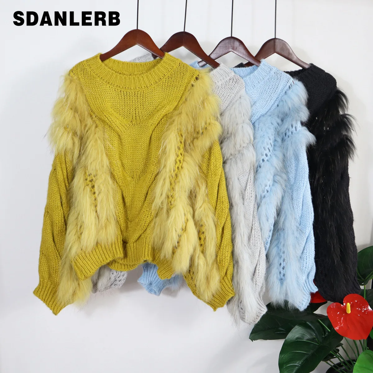 

2021 Autumn and Winter New Lazy Wind Raccoon Fur Stitching Sweater Pullover Women's Korean-Style Loose Fashion Knitwear