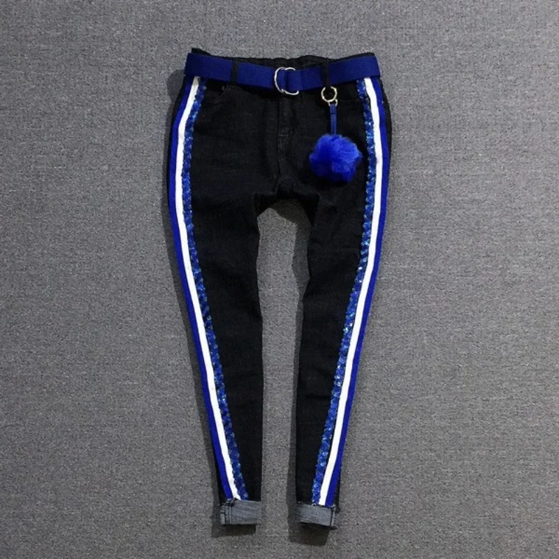 

Женские джинсы 2022, эластичные узкие брюки-карандаш в стиле High Street, Модные Полосатые джинсовые брюки с блестками, женские повседневные брюки большого размера