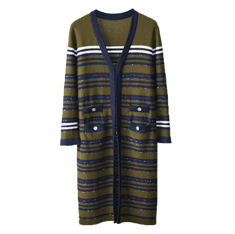 

Micosoni High-End Quality 2020 Autumn New Embroidered Sequined Striped Elegant Sweaters V-neck Covered button Cardigan Women