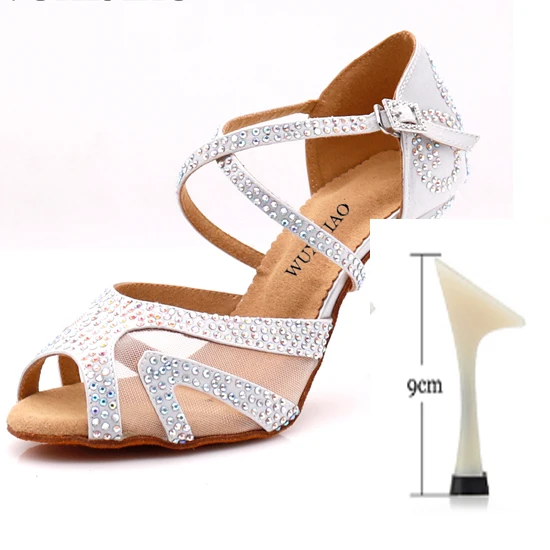 heel 9cm WUXIJIAO/Серебристые атласные латинские женские туфли для танцев; вечерние туфли со стразами для бальных танцев; женская обувь 9 см - Цвет: heel 9cm