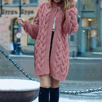 solid color long sleeve women cardigan autumn winter open front twist long sweater coat outerwear