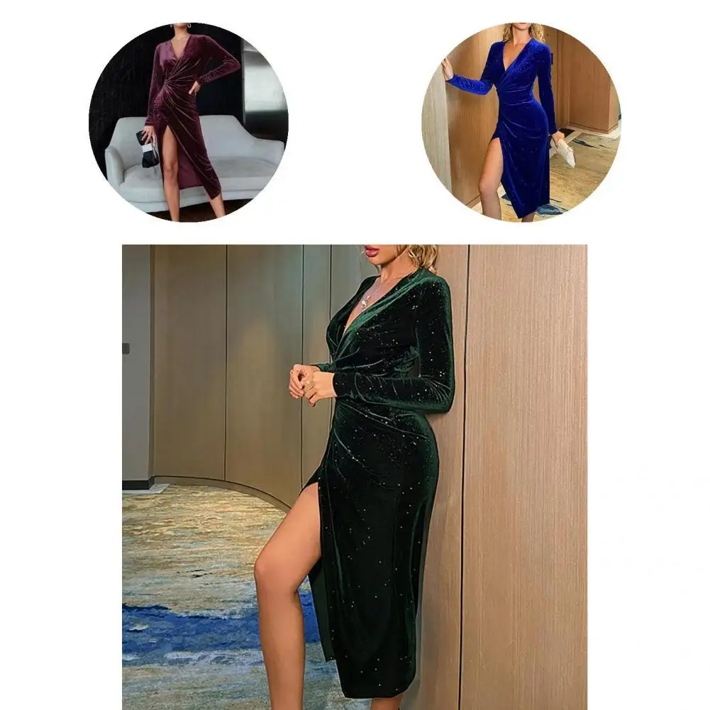 

Платье женское банкетное однотонное с глубоким V-образным вырезом и высоким разрезом